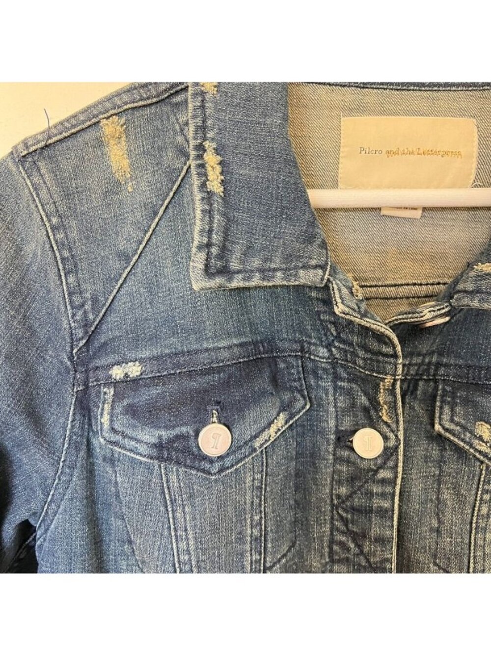 Pilcro and the Letterpress Distressed Denim Jacket Anthropologie Women’s Large - Picture 5 of 13